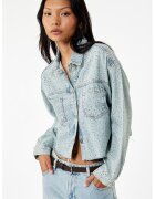 KOTON Jacheta crop din denim cu strasuri - Albastru deschis melange
