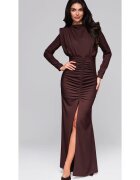 Larica Rochie eleganta lunga cu maneci lungi si drapaj frontal LA-OM-DLR024 - Maro inchis