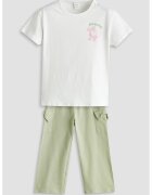 LC WAIKIKI Set de tricou si pantaloni din bumbac - 2 piese - Alb/Roz/Verde sparanghel
