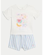 Marks  Spencer Set de pantaloni scurti si tricou din bumbac - Albastru pastel/Roz pastel/Alb murdar