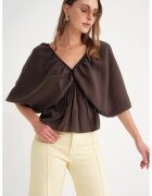 Mixray Bluza dama - decolteu in V - detaliu cu volane - maro cafeniu - textil