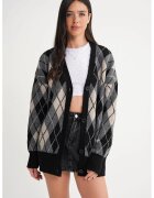 Mixray Cardigan - Oversize - model Argyle - decolteu in V - negru - tricot -