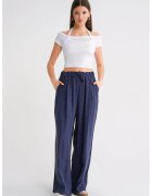 Mixray Pantaloni dama - Palazzo plisati - talie inalta - Albastru marin - Modal