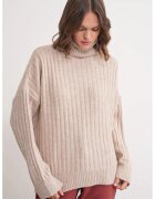 Mixray Pulover dama - oversize - guler inalt - bej natural - tricot -