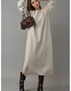 MyFashion Rochie tricotata - lunga - gri - cu nervuri texturate si detaliu slit - tricot -