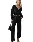 MyFashion Set tricotat cardigan cu decolteu in V si pantaloni cu picior larg - negru - tricot -