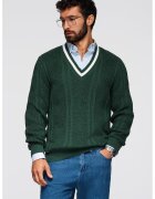 OMBRE Pulover cu decolteu in V si model torsade - Alb/Verde