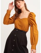 OXXO Bluza de bumbac cu maneci bufante si decolteu sweetheart - Portocaliu stins