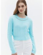 OXXO Pulover crop cu perle sintetice - Albastru glaciar