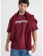 Pegador Tricou din bumbac cu imprimeu logo si maneci cazute - Rosu stins