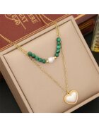Pursehuit Colier auriu din otel inoxidabil placat cu aur 18K PVD - in doua straturi - cu inimioara - perle si margelute - Amelia C1