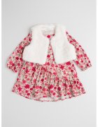Sarabanda Set de rochie cu model floral si vesta de blana sintetica - 2 piese - Alb/Alb fildes/Fucsia