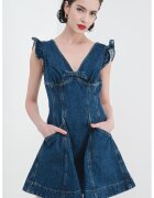 SELF-PORTRAIT Rochie evazata de denim - Albastru inchis