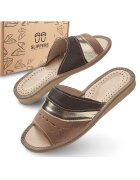 Slippers Slapi de dama - SLIP117 - pentru casa - maro cu bareta aurie - confortabili - in cutie ecologica - - Maro