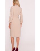Stylove Rochie Midi S415 Beżowa Decolteu in V - Top mulat - Maneci 7/8 cu mansete - Talie cu curea - Bej