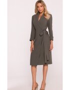 Stylove Rochie Midi - S415 Kaki Decolteu in V - Guler Sal - Maneci 7/8 - Legatura in talie - Material neted cu finisaj moale - Partial captusita - Stil infasurat - Kaki