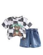 Superbaby Compleu Cu Tricou Si Blugi - Model Bear - Casual - Baieti - Maneca scurta - Alb/Negru