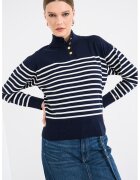 Tommy Hilfiger Pulover din amestec de bumbac organic cu fenta cu nasturi si dungi - Alb optic/Bleumarin