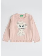 United Colors of Benetton Pulover cu model grafic si decolteu la baza gatului - Alb/Roz pal
