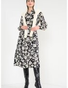 United Colors of Benetton Rochie cu guler clasic si model floral - Alb fildes/Negru