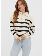 Vero Moda Pulover in dungi cu fermoar scurt - Alb fildes/Negru