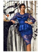 Atmosphere Rochie albastra de ocazie midi conica din catifea si tul brodat cu peplum in talie