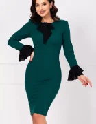 Chanttal Rochie conica Mary office verde cu mansete negre si funda