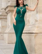 Chanttal Rochie de lux Kathrin sirena verde cu flori 3D la umeri si fulgi