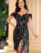 Chanttal Rochie de ocazie cambrata cu franjuri din paiete argintii