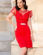 Chanttal Rochie de ocazie eleganta rosie Angie cu paiete si trena pe o parte