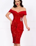 Chanttal Rochie de ocazie rosie din paiete Iolanda cu accesoriu din strassuri