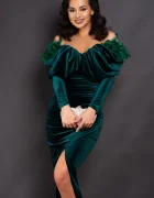Chanttal Rochie de ocazie verde Amora midi cu umeri cazuti si fulgi