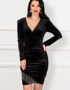 Chanttal Rochie de seara din catifea Norah neagra cu franjuri din strassuri