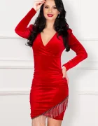 Chanttal Rochie de seara din catifea Norah rosie cu franjuri din strassuri
