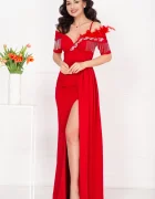 Chanttal Rochie de seara eleganta Alizee rosie cu trena pe o parte si strassuri
