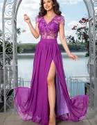 Chanttal Rochie de seara eleganta Larissa mov din voal cu flori 3D