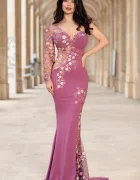 Chanttal Rochie de seara eleganta lunga lila Anelisse tip sirena cu flori de cires brodate