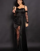 Chanttal Rochie de seara eleganta neagra din satin Teresa cu insertii din dantela