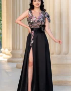 Chanttal Rochie de seara eleganta neagra Edena cu aplicatii florale brodate