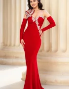 Chanttal Rochie de seara eleganta rosie Lorenza cu aplicatii pretioase argintii