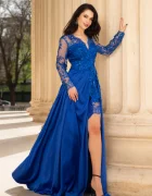 Chanttal Rochie de seara Ivette albastru-royal din dantela si fusta din tafta