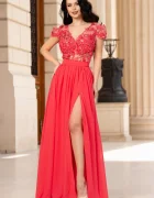 Chanttal Rochie de seara Larissa coral din voal cu flori 3D