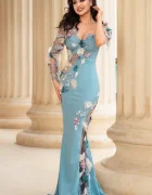 Chanttal Rochie de seara lunga mint Anelisse cu flori delicate si margele decorative