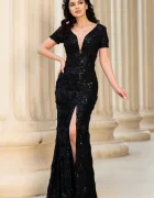 Chanttal Rochie de seara lunga neagra Severina cu flori in relief