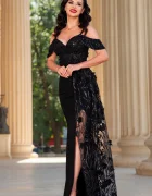 Chanttal Rochie de seara neagra tip sirena cu glitter si trena pe o parte