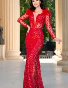 Chanttal Rochie de seara rosie Alejandra cu paiete si flori decorative