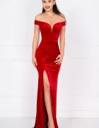 Chanttal Rochie de seara rosie Roselia din catifea cu franjuri din strassuri