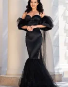 Chanttal Rochie de seara tip sirena Kandia neagra cu maneci detasabile