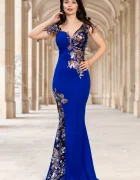 Chanttal Rochie de seara tip sirena Kany albastru royal cu model din paiete si flori pastelate