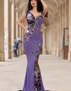 Chanttal Rochie de seara tip sirena Kany lila cu model din paiete si flori pastelate